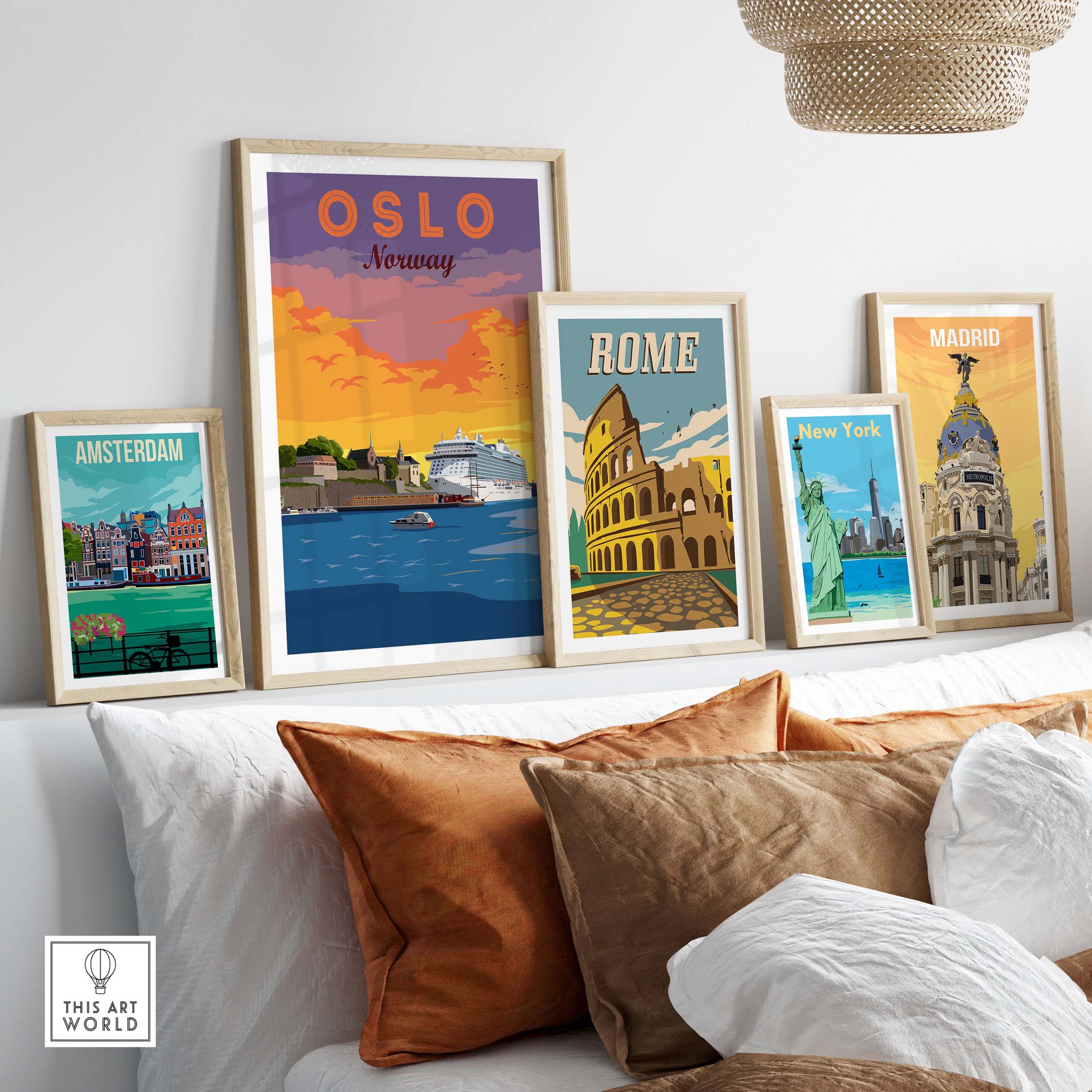 Framed travel poster prints featuring Oslo, Rome, Madrid, Amsterdam, and New York, showcasing vintage art styles.