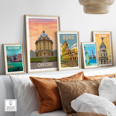 Oxford Print Poster Wall Art collection featuring vintage travel posters of Amsterdam, Rome, and Madrid.
