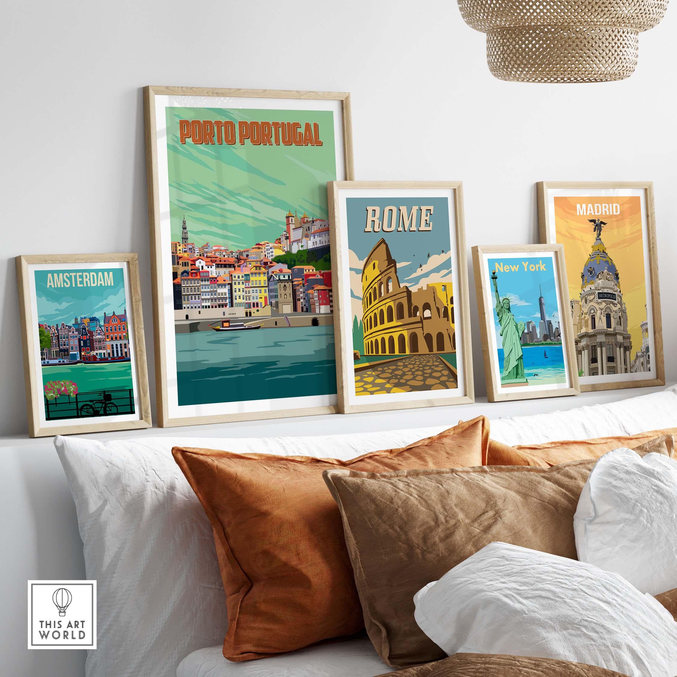 Collection of framed vintage travel posters including Porto Portugal, Rome, Amsterdam, and Madrid in a stylish living room setting.