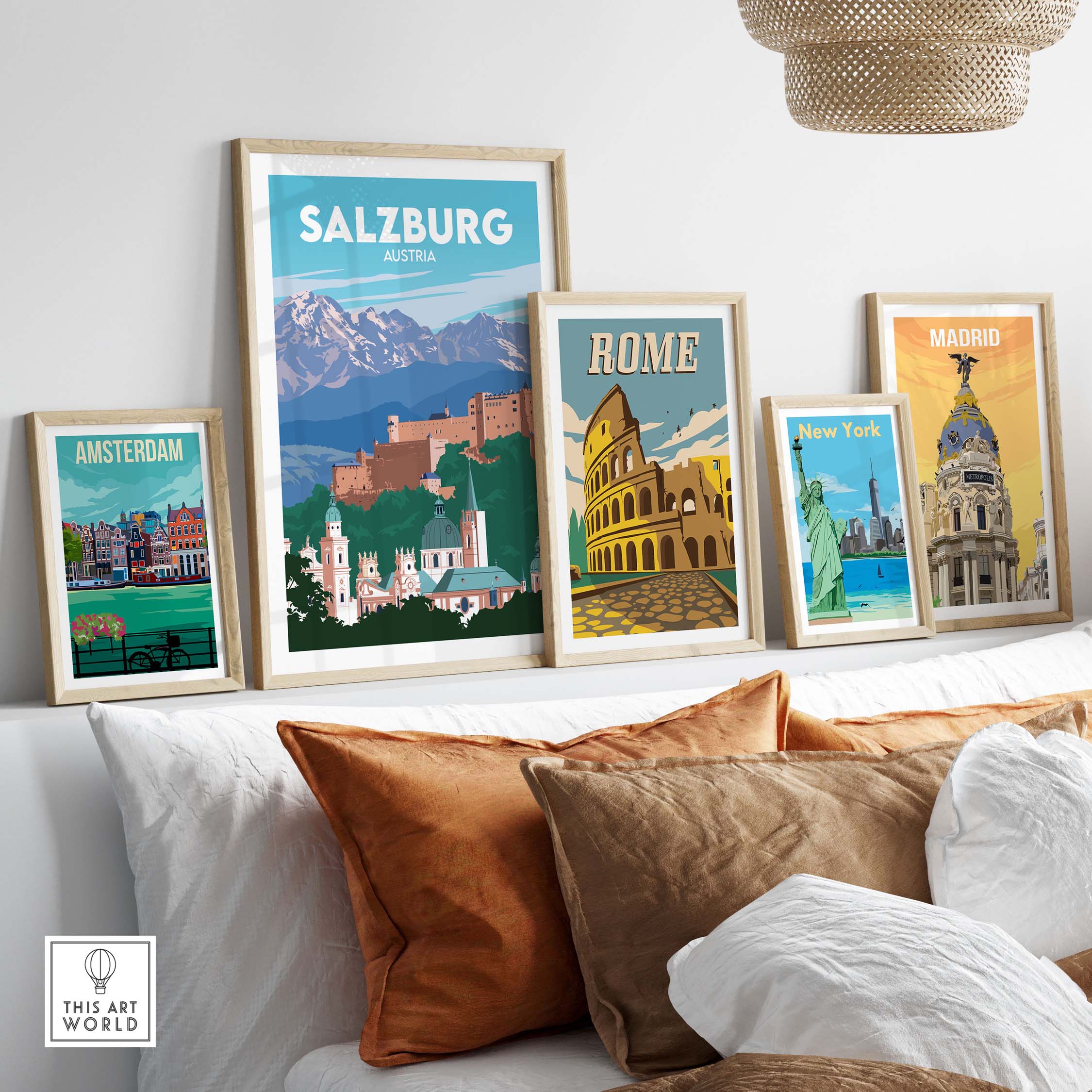 Salzburg Travel Poster Print among vintage travel art prints on a stylish wall display by This Art World.