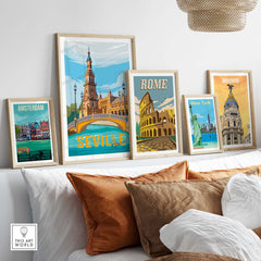 Seville Print Poster Wall Art displayed on a stylish shelf with vintage travel posters from Amsterdam, Rome, and Madrid.