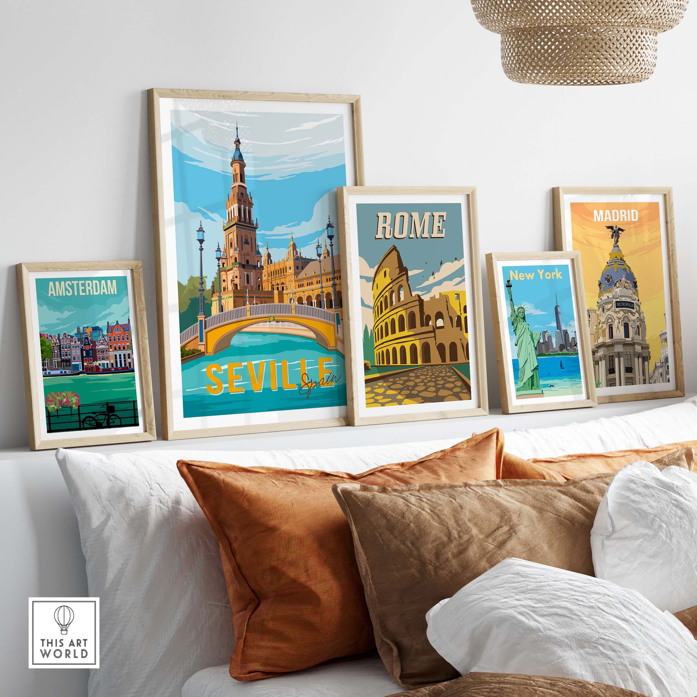 Seville Print Poster Wall Art displayed on a stylish shelf with vintage travel posters from Amsterdam, Rome, and Madrid.