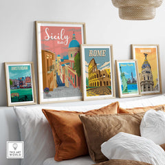Sicily Print Italy Poster displayed among framed travel posters of Amsterdam, Rome, New York, and Madrid in a stylish setting.