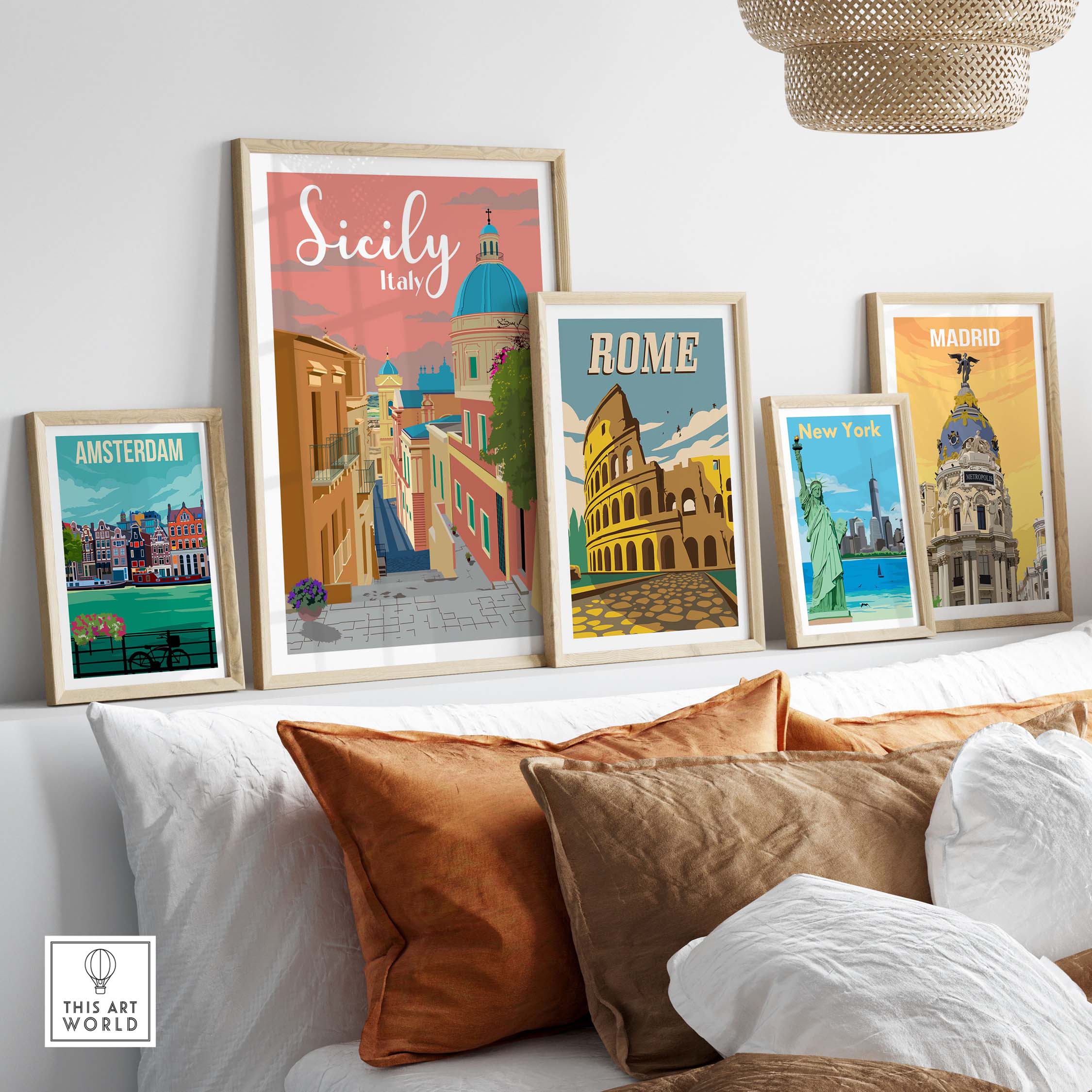 Sicily Print Italy Poster displayed among framed travel posters of Amsterdam, Rome, New York, and Madrid in a stylish setting.