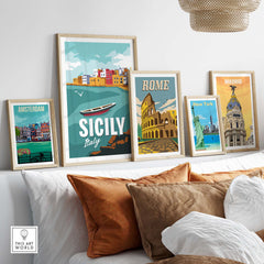 Sicily Poster Wall Art Print displayed with frames of other travel posters like Rome and Madrid.
