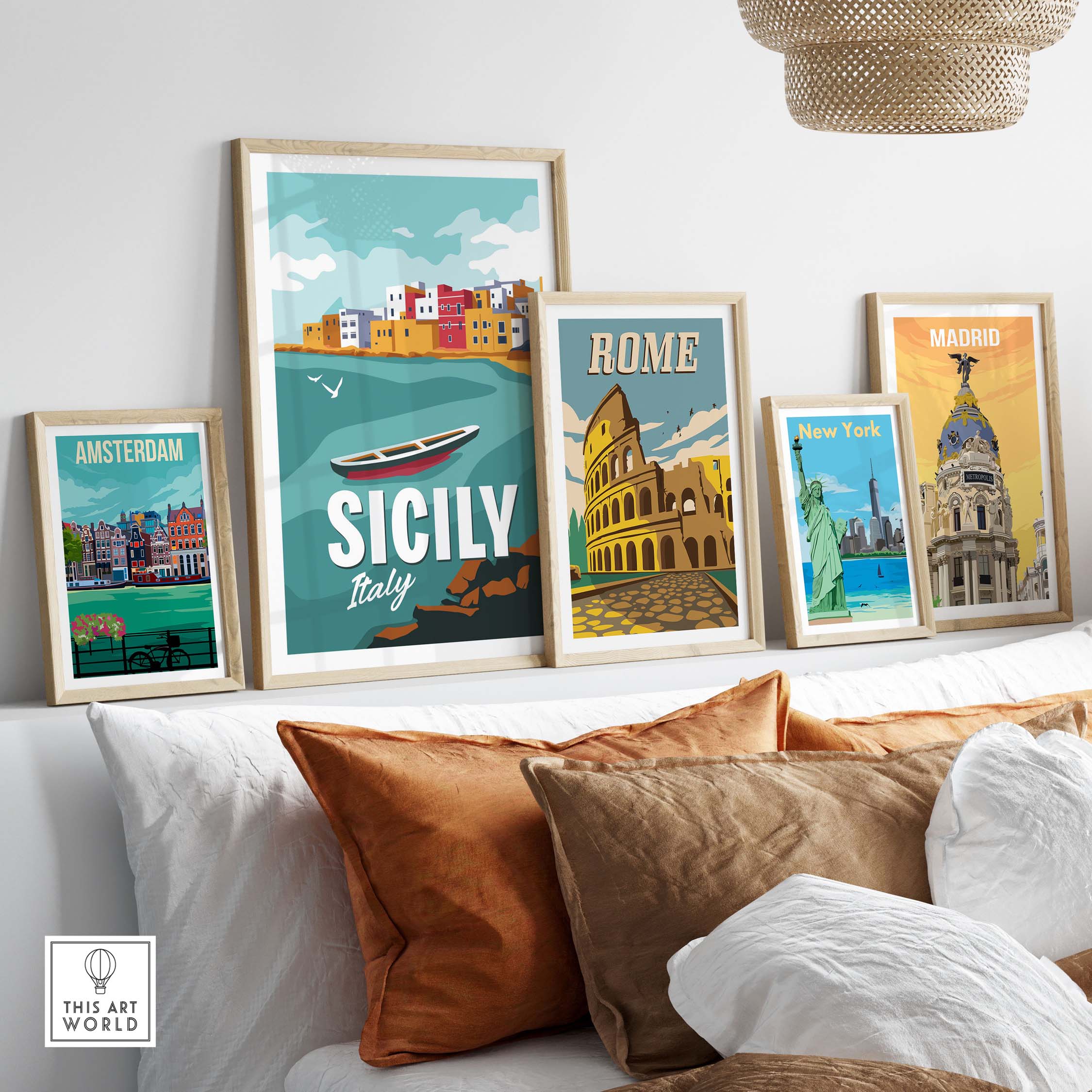 Sicily Poster Wall Art Print displayed with frames of other travel posters like Rome and Madrid.