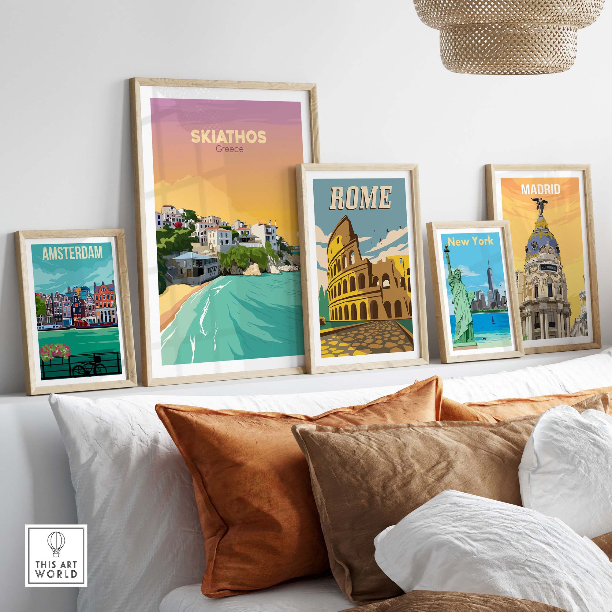 Skiathos travel poster print displayed with framed artworks of famous cities like Rome, Madrid, and Amsterdam.