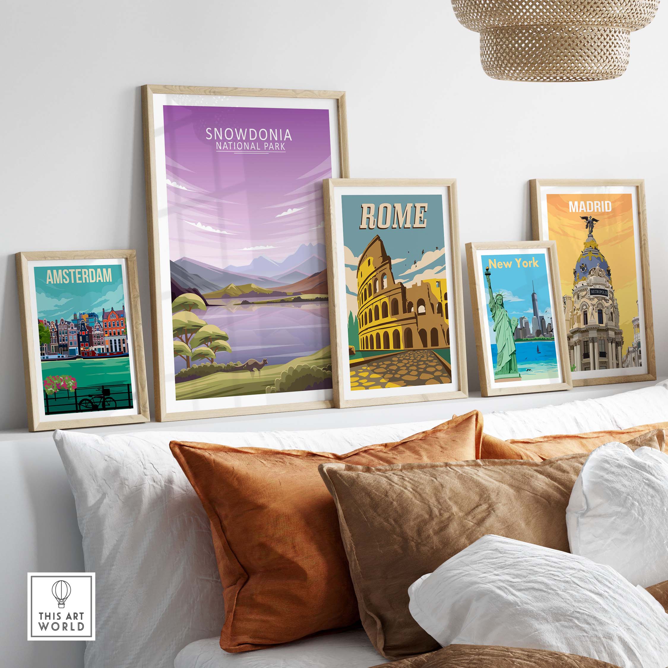 Framed Snowdonia National Park poster among other iconic city prints in a stylish home decor setting.