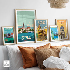 Framed Split Croatia poster alongside famous city prints, showcasing stylish vintage wall art for home decor.