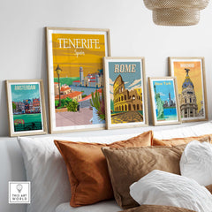Tenerife Poster Print Wall Art displayed with framed city travel art prints on a stylish home decor setting.