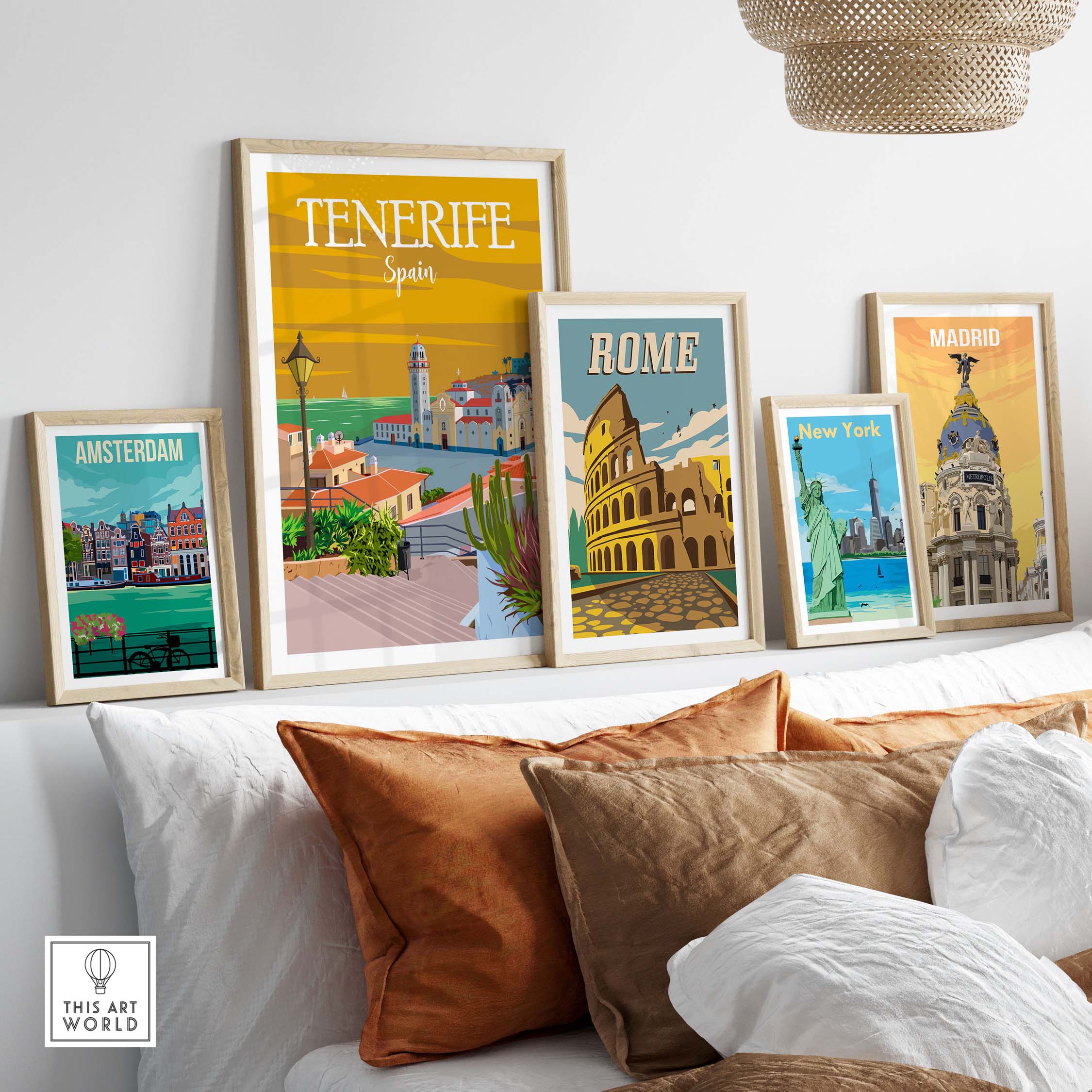 Tenerife Poster Print Wall Art displayed with framed city travel art prints on a stylish home decor setting.