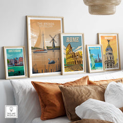 Stylish wall art featuring The Broads National Park print and various iconic city posters.