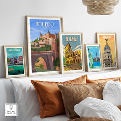Stylish framed travel posters including Toledo, Rome, Amsterdam, and Madrid, enhancing home decor with vintage aesthetic.