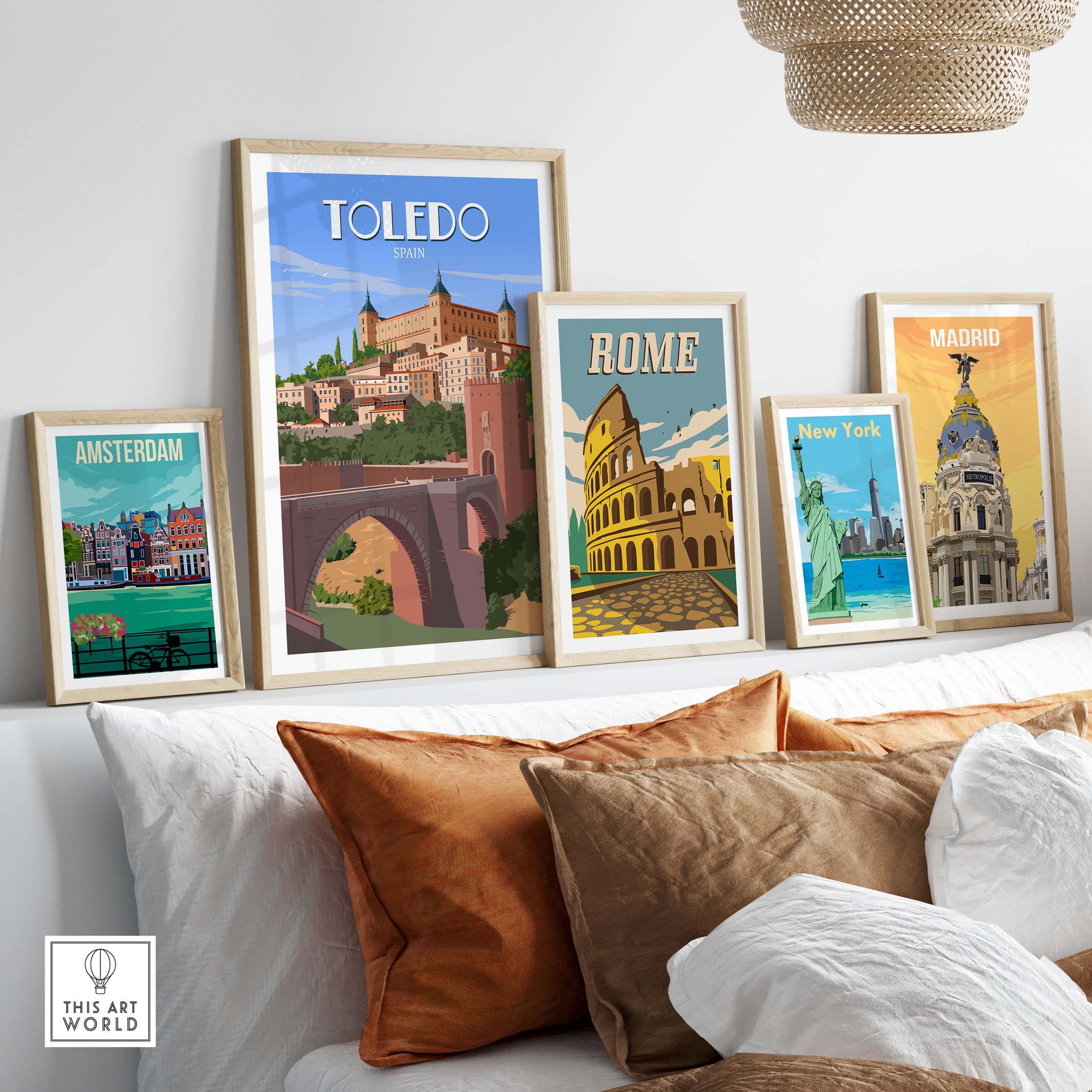 Stylish framed travel posters including Toledo, Rome, Amsterdam, and Madrid, enhancing home decor with vintage aesthetic.