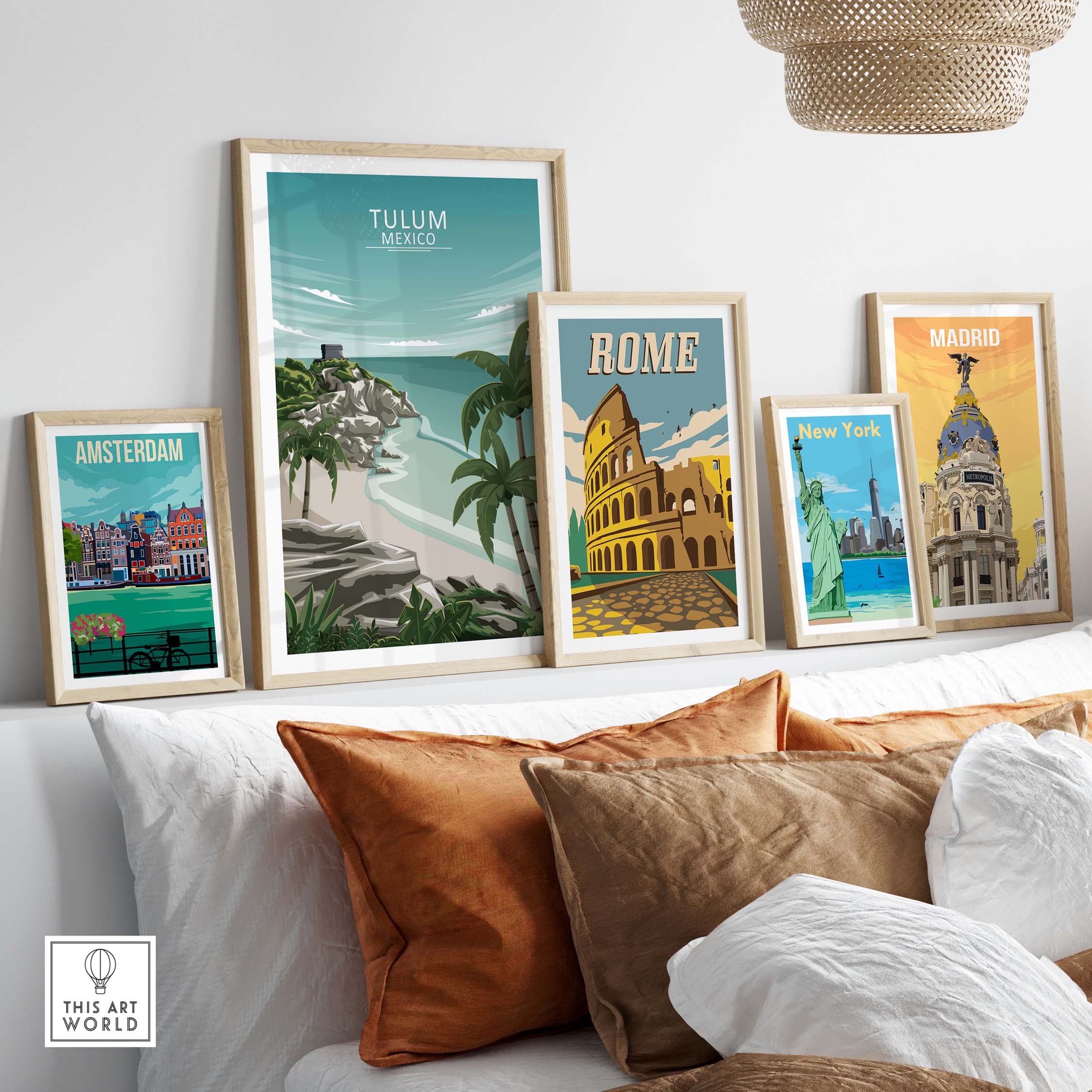 Tulum Wall Art Mexico showcased among framed travel posters of Amsterdam, Rome, New York, and Madrid.