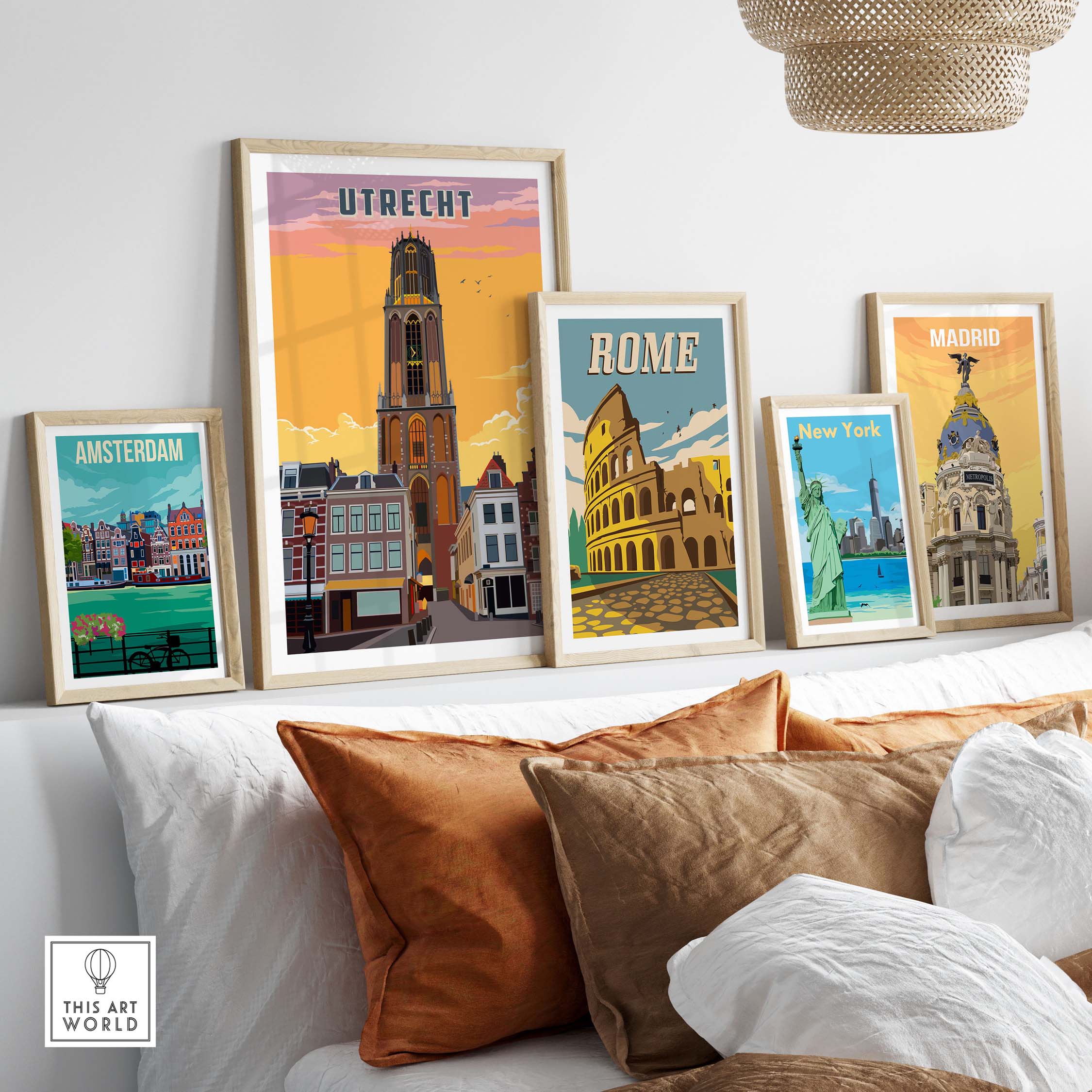 Utrecht travel poster with other city prints, showcasing iconic architecture in a stylish living room setting.
