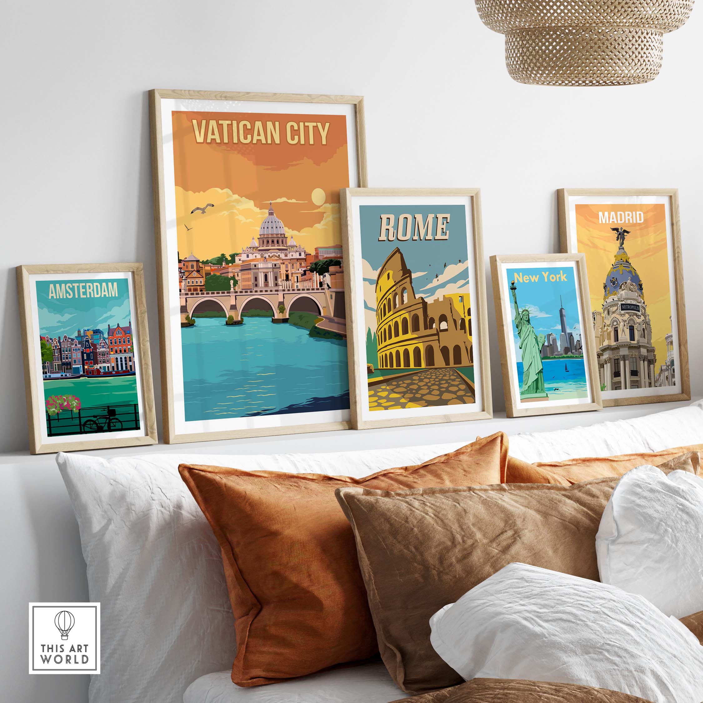 Vatican City Print and other vintage travel posters displayed stylishly in a cozy living room setting.