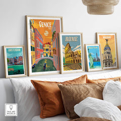 Venice Italy Poster Print Wall Art displayed alongside other vintage travel posters in a stylish home setting.