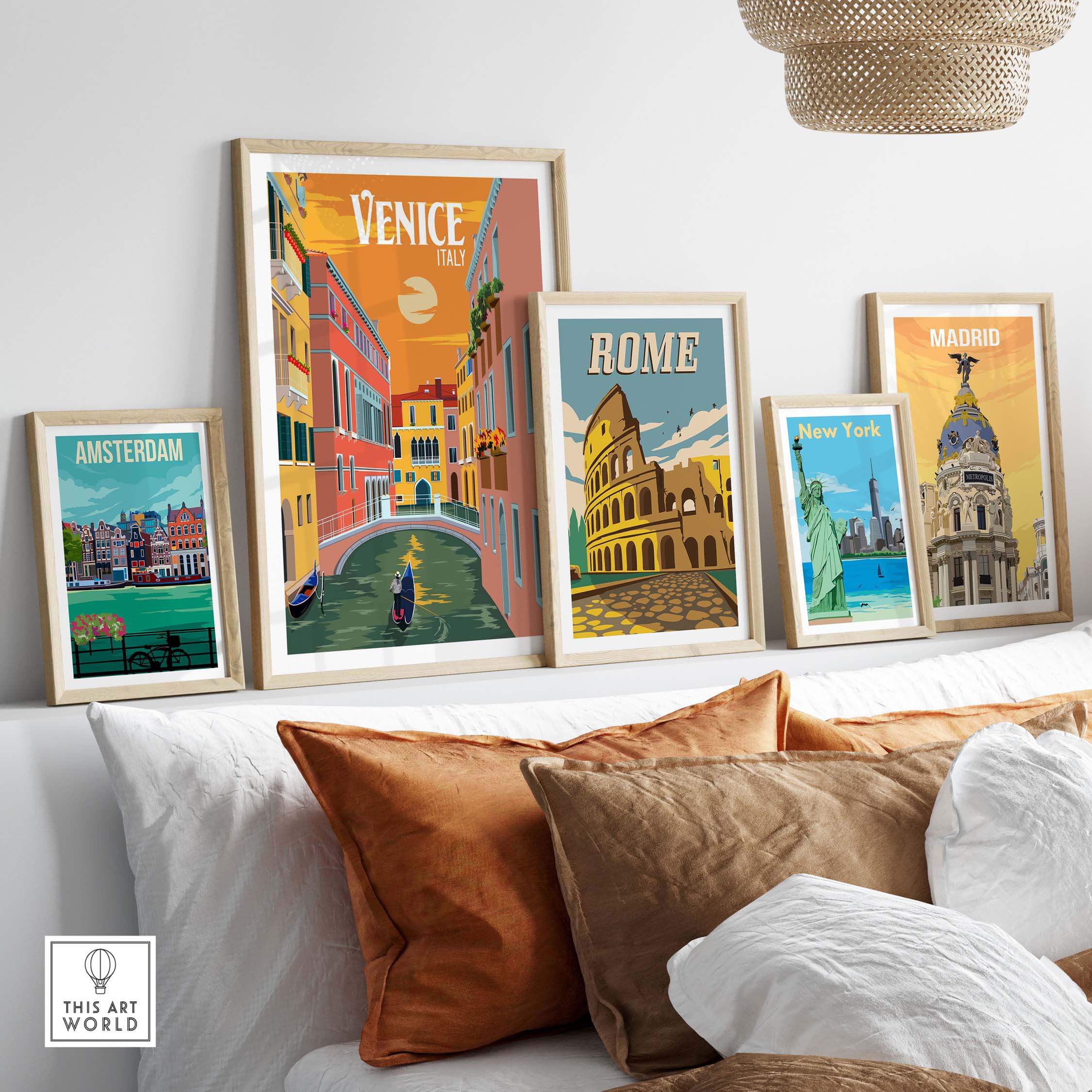 Venice Italy Poster Print Wall Art displayed alongside other vintage travel posters in a stylish home setting.