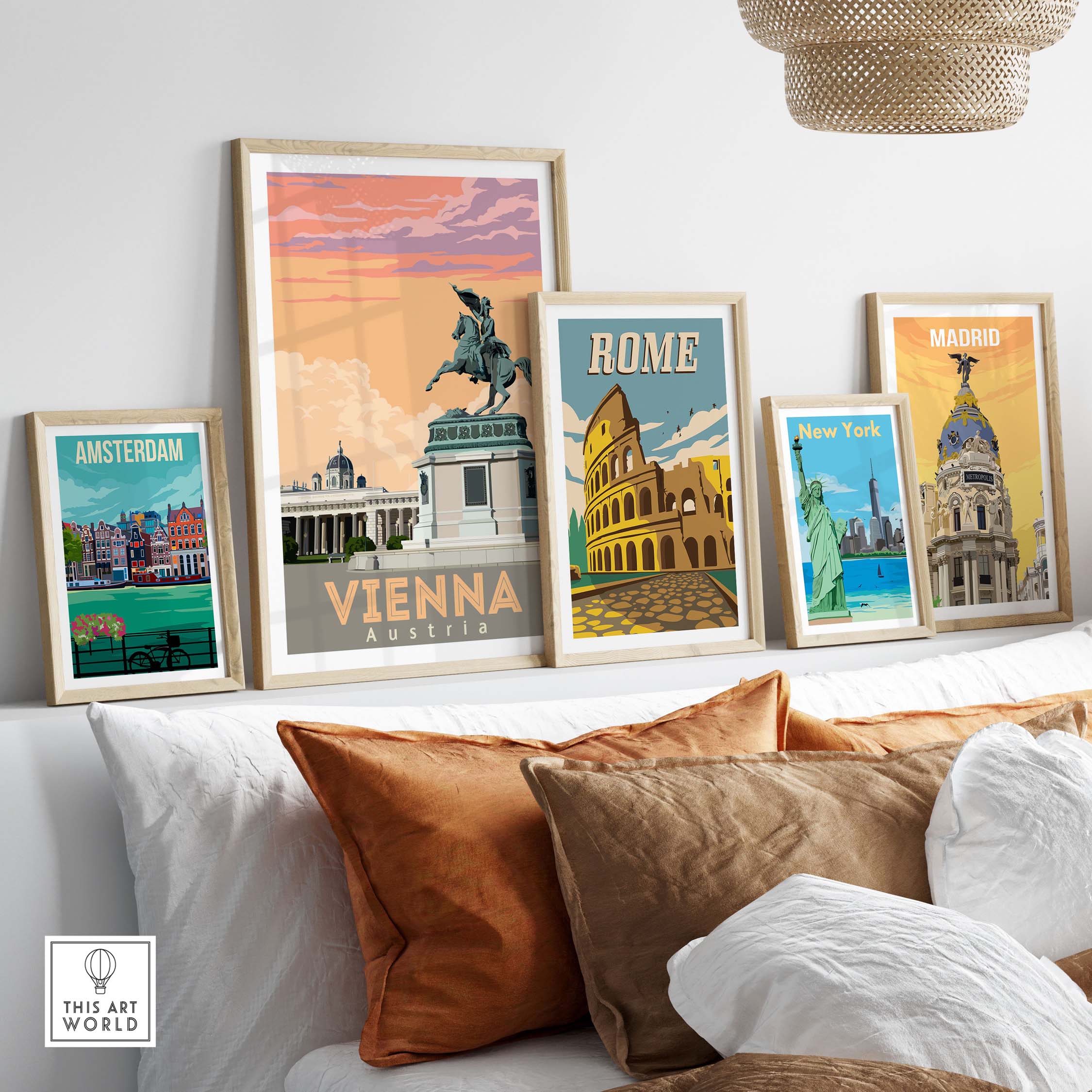 Stylish framed travel posters of Vienna, Rome, New York, Amsterdam, and Madrid for home decor.