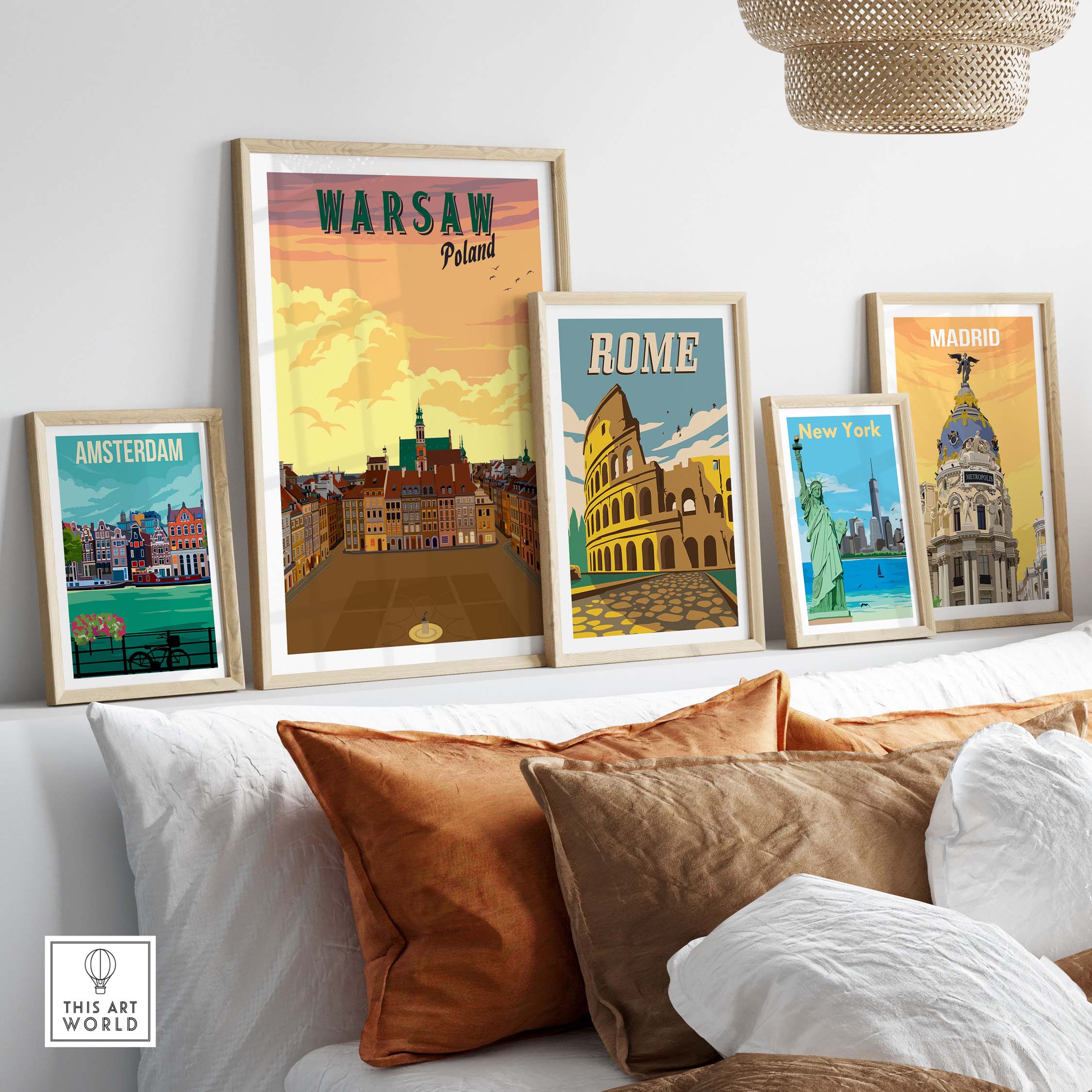 Framed Warsaw Poster alongside framed travel posters of Amsterdam, Rome, and Madrid in a stylish home setting.