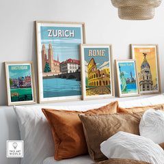 Zurich, Switzerland travel poster print displayed among vintage city posters in a stylish home setting.