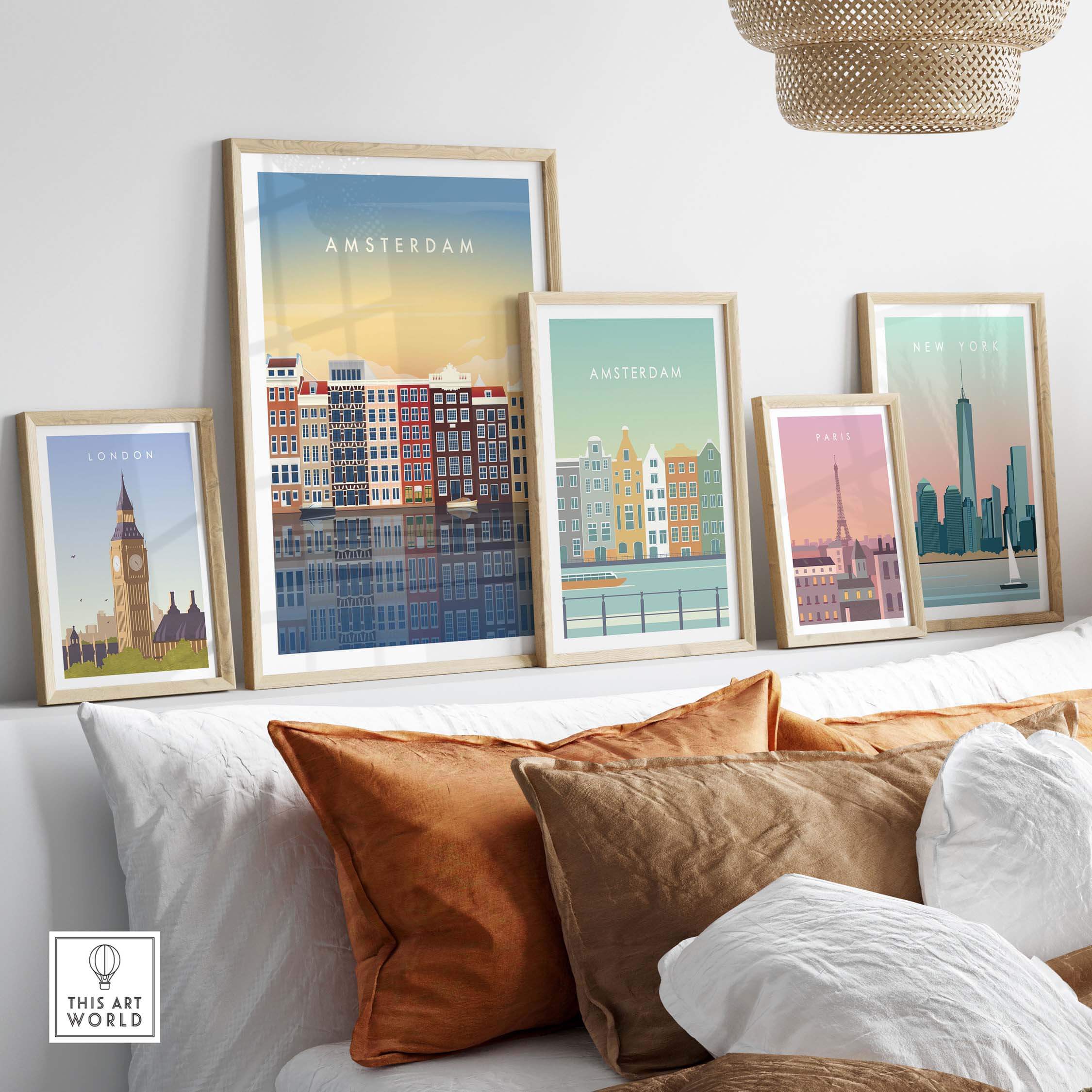 Framed Amsterdam wall art posters displayed above a cozy sofa, showcasing travel-inspired designs in a stylish living room.