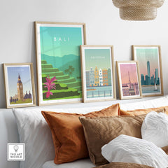 Elegant wall displaying Bali Print Wall Art Poster among other travel-themed artworks in stylish frames.