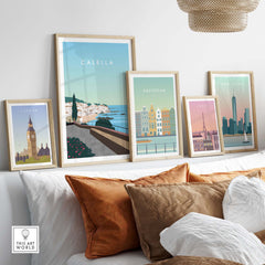 Calella Spain Print Poster displayed with other city posters on a stylish wall, showcasing vintage travel art.