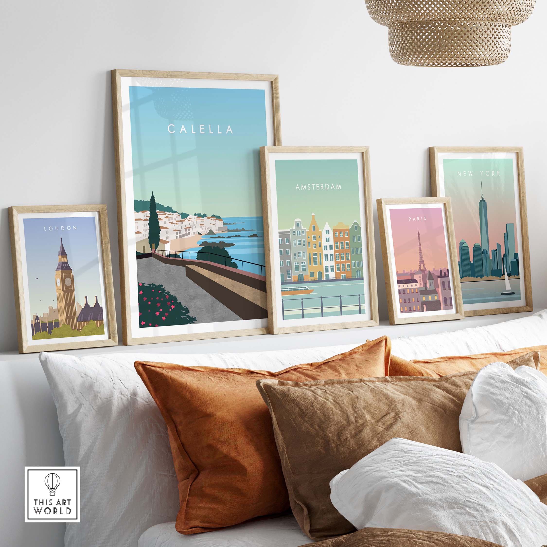 Calella Spain Print Poster displayed with other city posters on a stylish wall, showcasing vintage travel art.