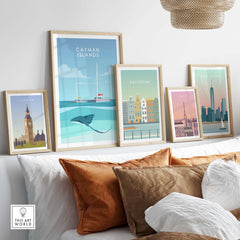 Cayman Islands Poster Print displayed among travel themed art in a cozy living room setting.