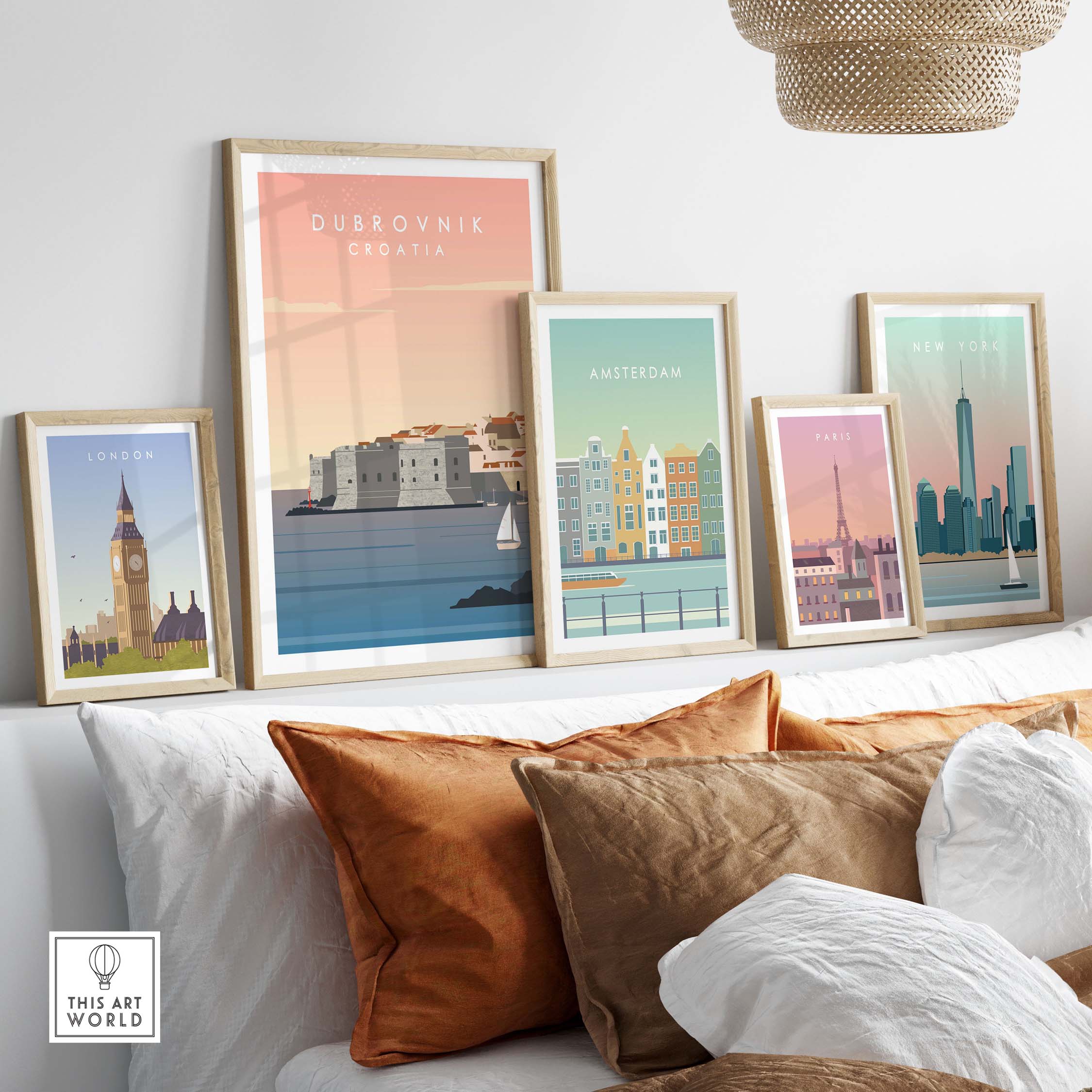 Dubrovnik Print Wall Art Poster displayed with city prints in a stylish living room setting.