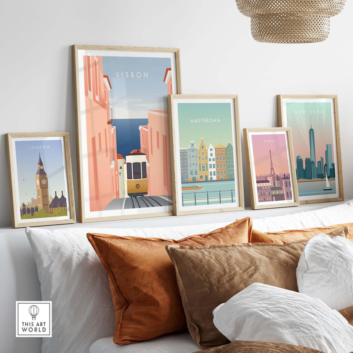 Lisbon Wall Art Poster featuring colorful city prints displayed above a cozy sofa in a stylish interior.