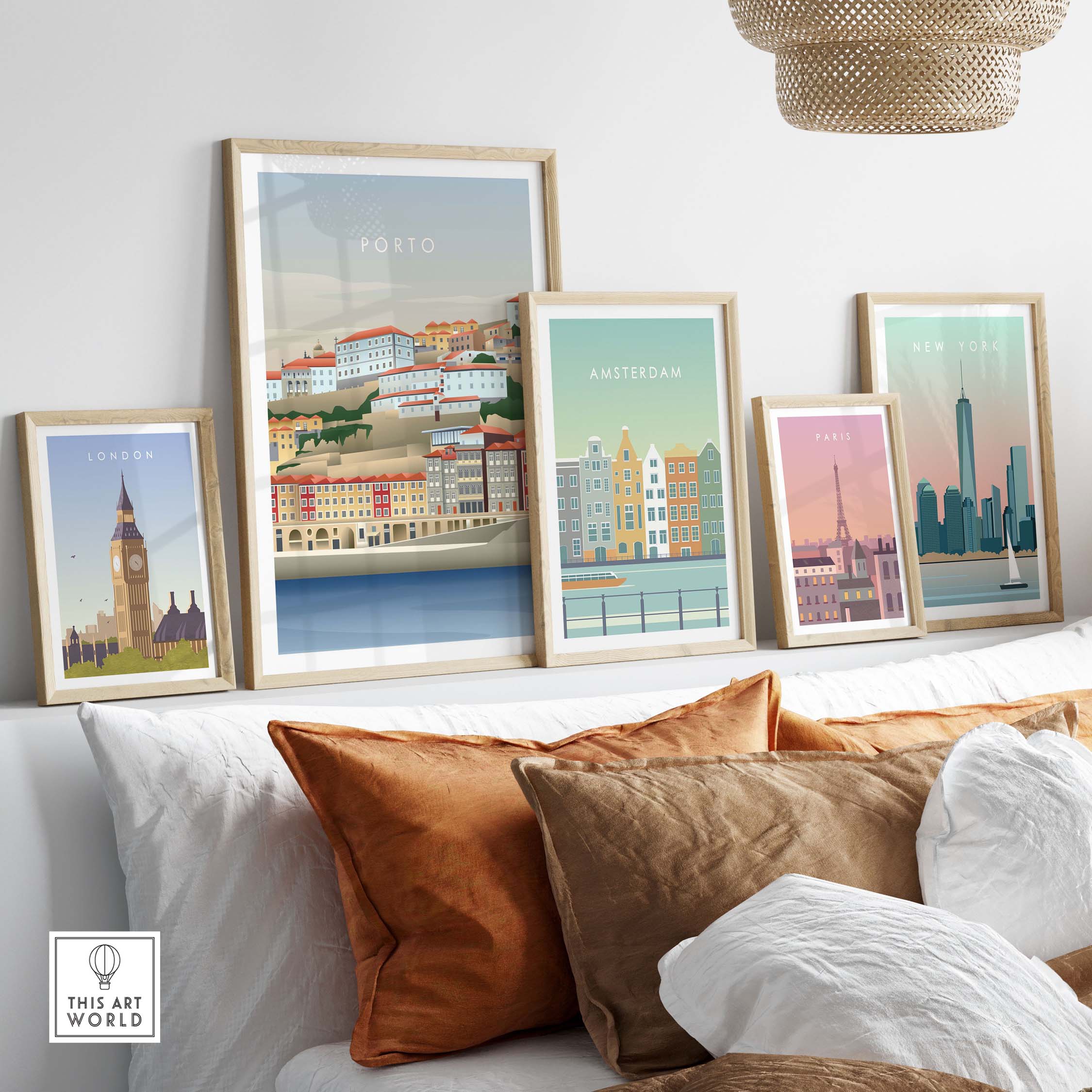 Collection of framed city wall art posters including Porto, London, Amsterdam, and New York in a stylish living room setting.