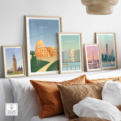 Framed Rome wall art poster among vintage city travel prints on a stylish home decor display.
