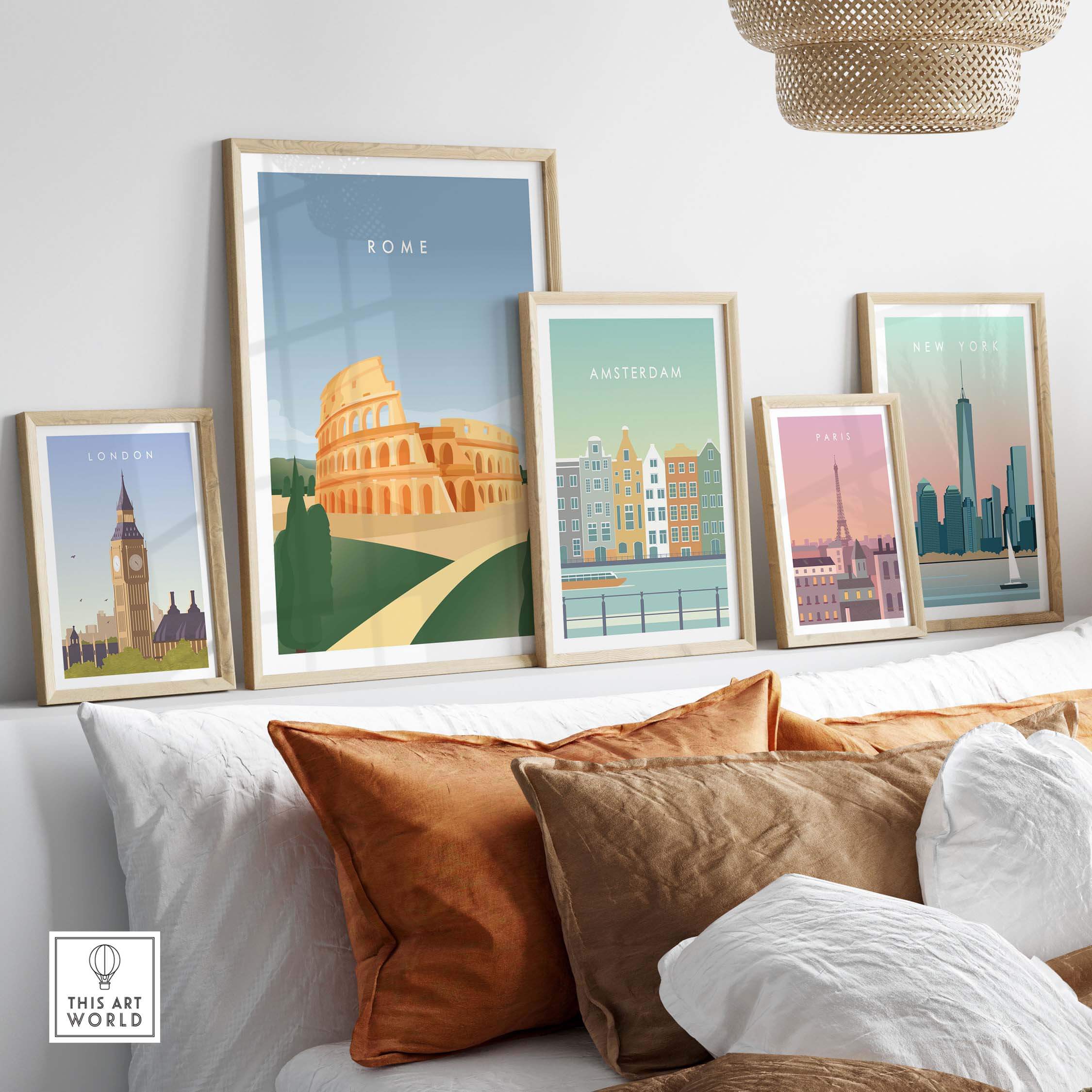 Framed Rome wall art poster among vintage city travel prints on a stylish home decor display.