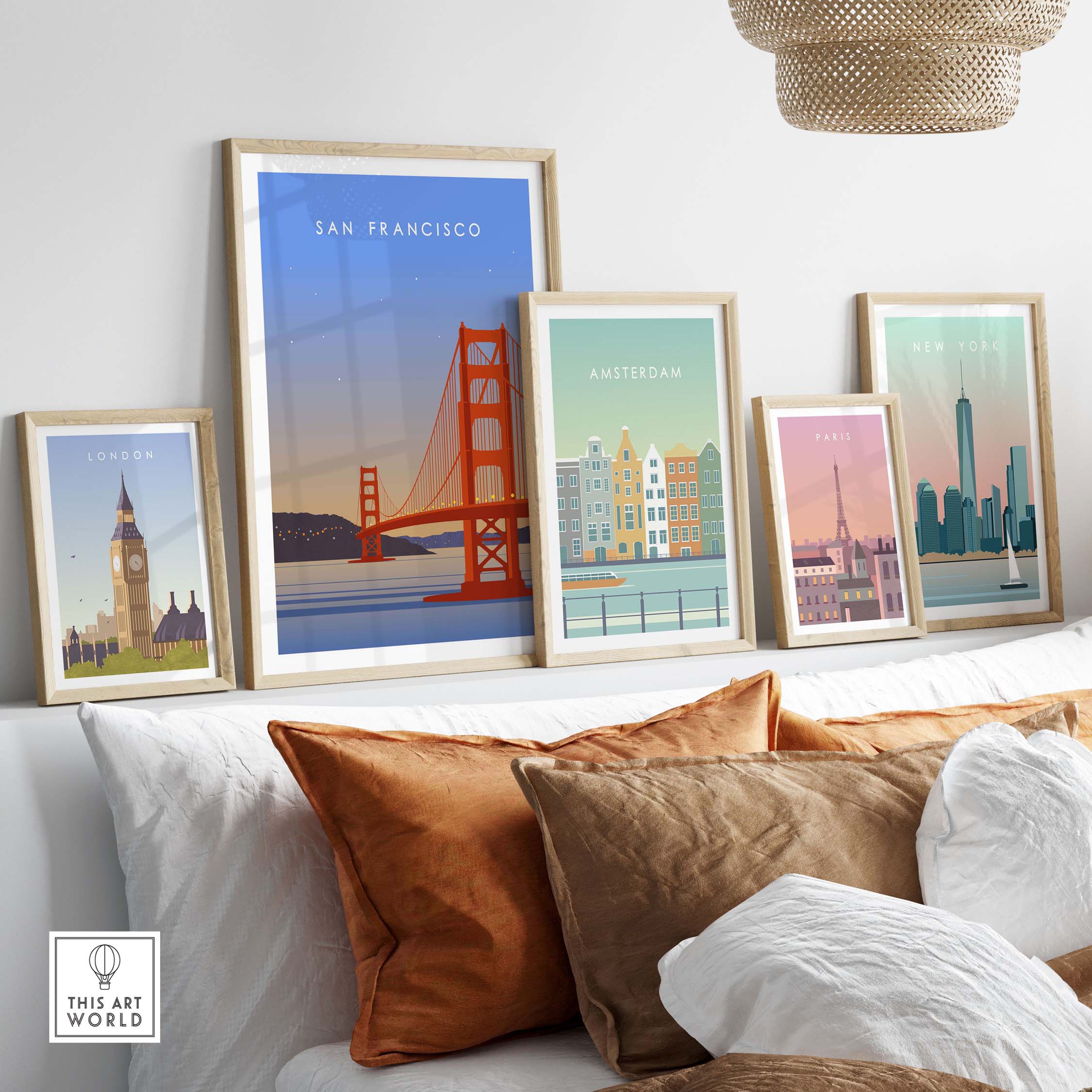 San Francisco Print Wall Art Poster displayed alongside London, Amsterdam, and New York city prints in a modern setting.