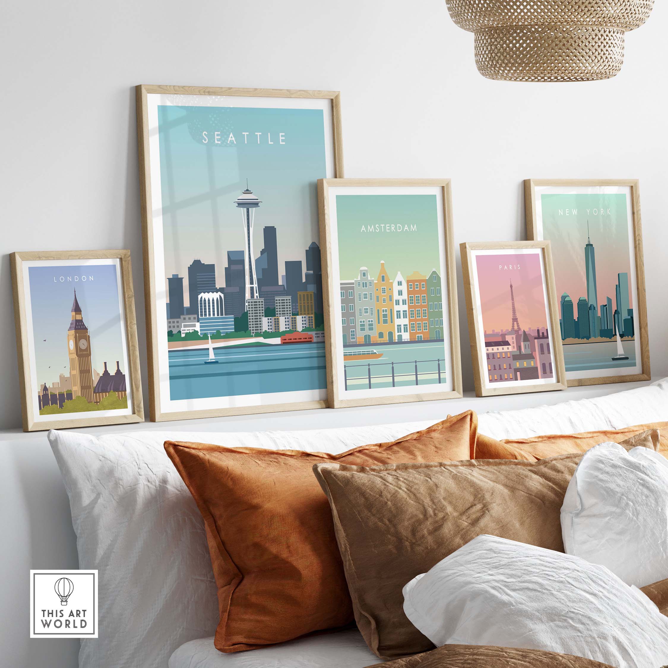 Seattle Print Wall Art Poster showcased among other city posters in a stylish home setting with decorative pillows.