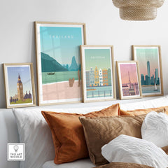 Thailand Print Wall Art Poster displayed with other travel posters in a stylish home setting.