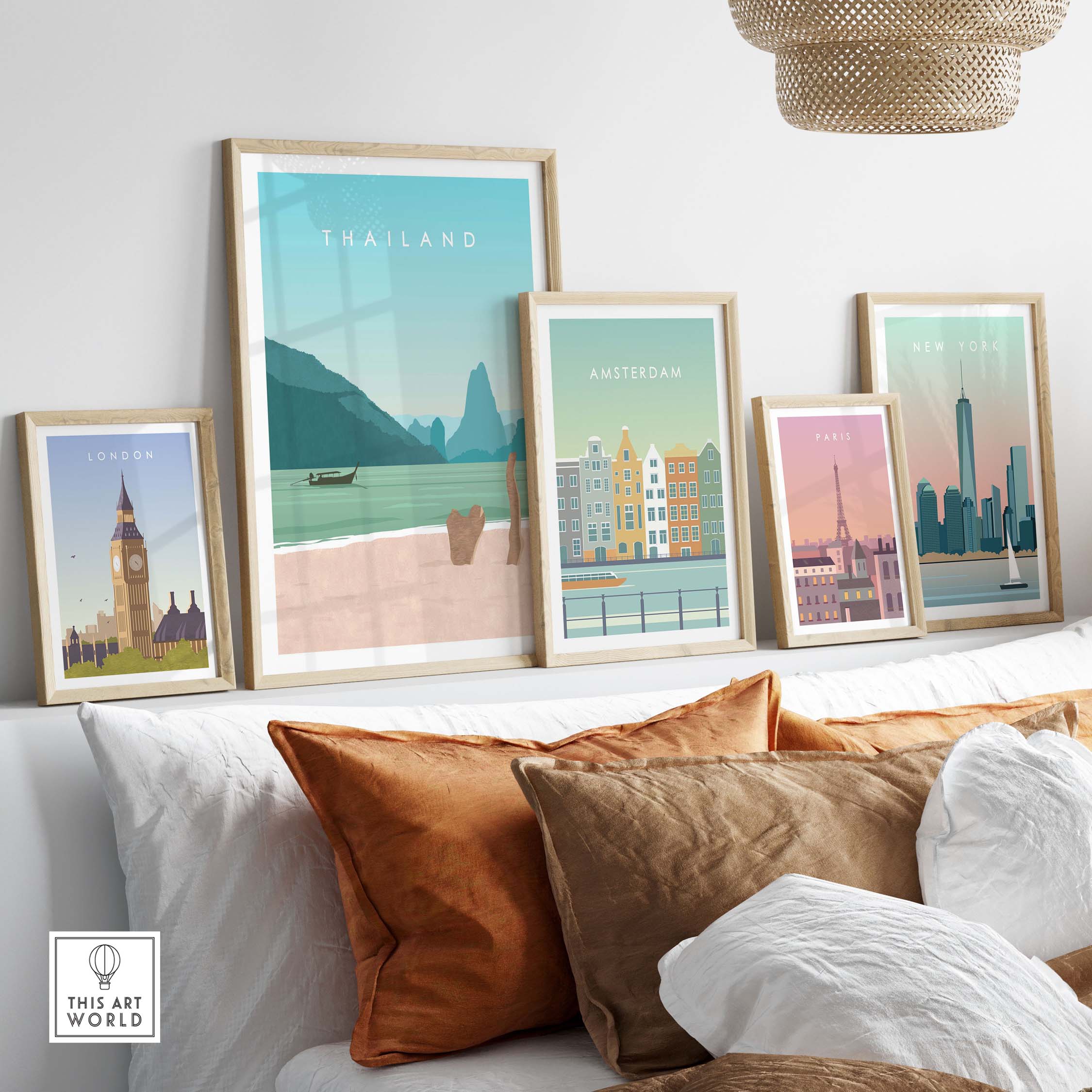 Thailand Print Wall Art Poster displayed with other travel posters in a stylish home setting.