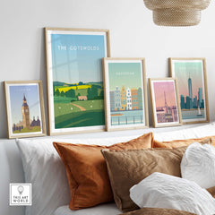 Stylish travel wall art featuring London, Amsterdam, Paris, and New York prints in modern frames.