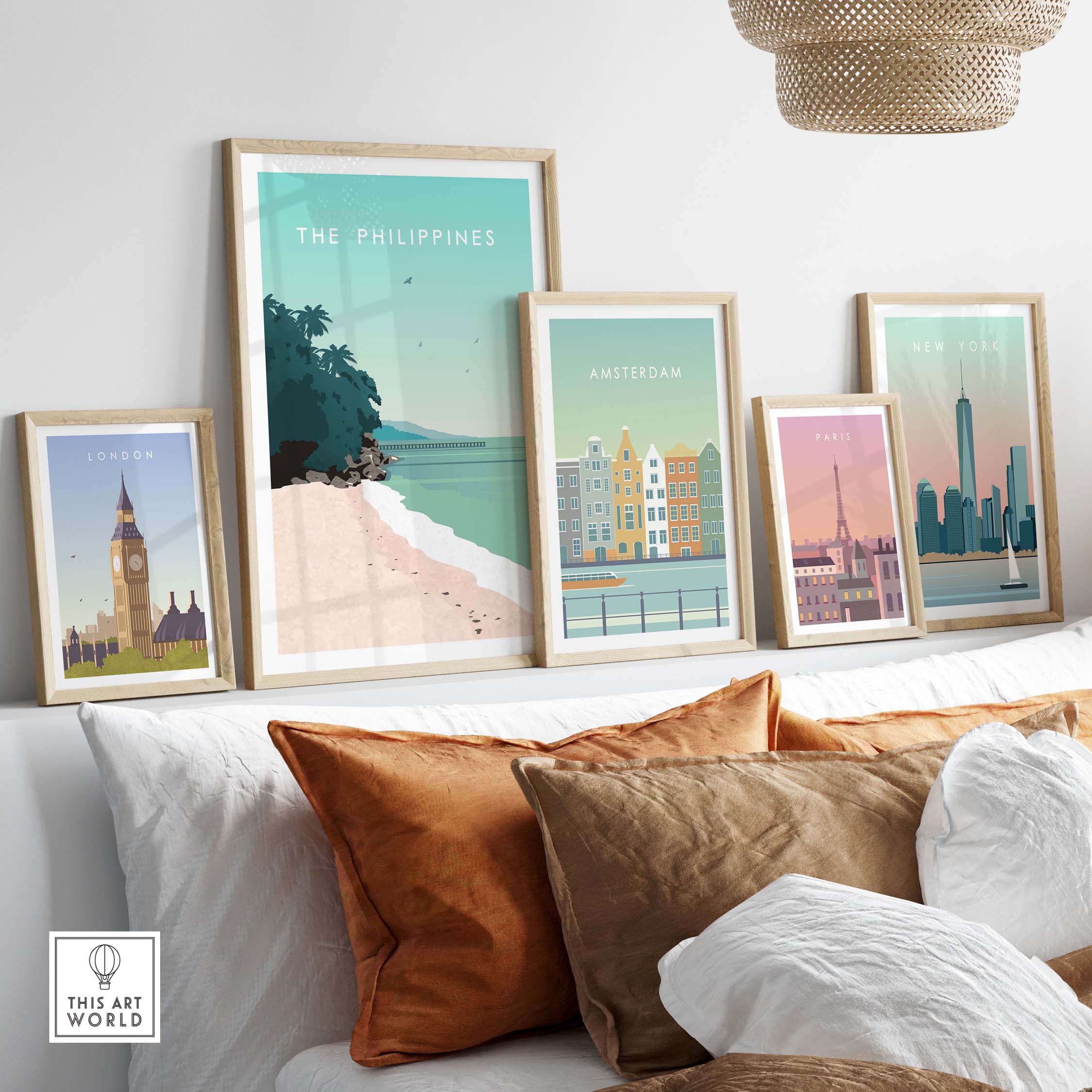 Framed wall art prints featuring The Philippines, London, Amsterdam, Paris, and New York in a stylish living room setting.