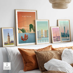 Vietnam wall art poster featuring Ha Long Bay among vintage travel prints in a stylish living room setting.