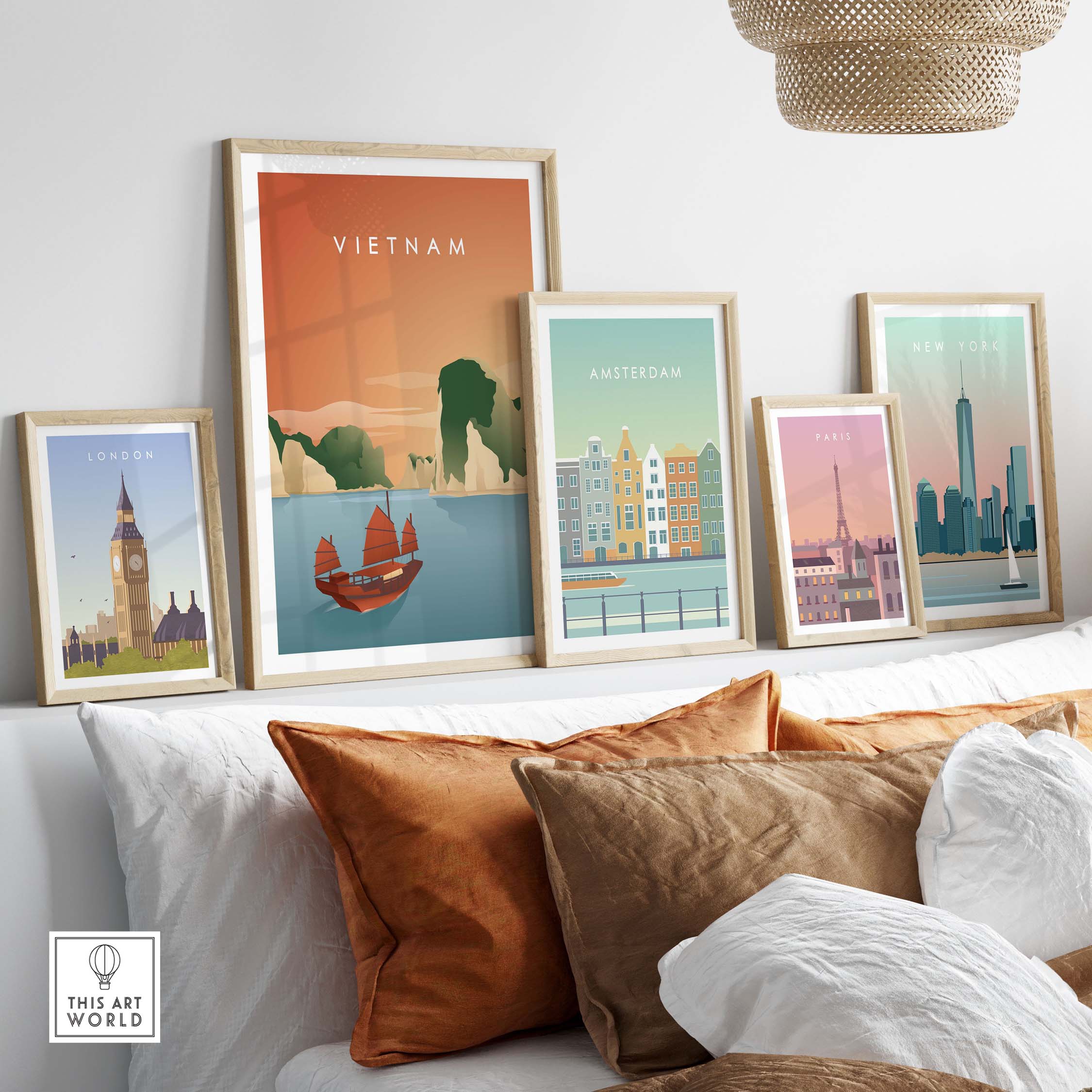 Vietnam wall art poster featuring Ha Long Bay among vintage travel prints in a stylish living room setting.