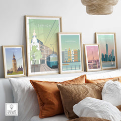 Zurich Print Wall Art Poster displayed with other city prints, inspiring wanderlust and vintage travel nostalgia.