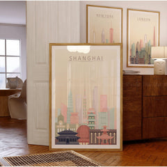 Framed Shanghai Skyline Print showcasing iconic buildings in pastel tones, perfect for stylish home or office decor.