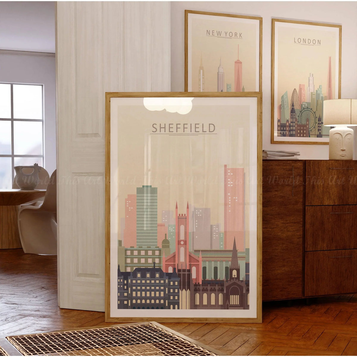 Sheffield skyline poster in pastel tones, showcasing iconic architecture for stylish wall decor.
