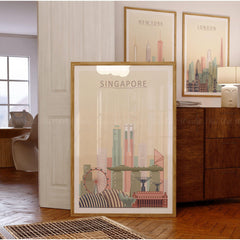 Singapore skyline wall art poster in pastel tones, showcasing iconic buildings and landmarks for stylish home decor.