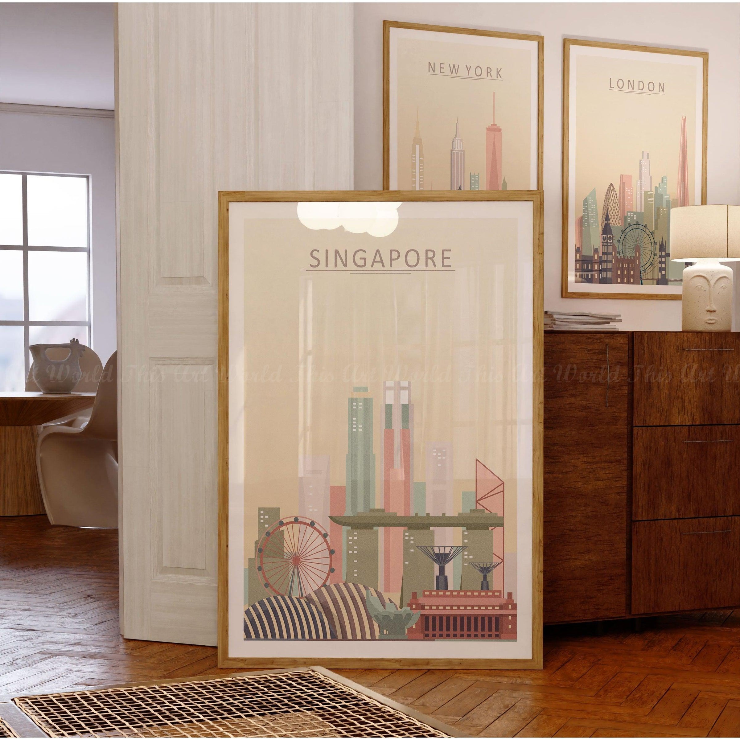 Singapore skyline wall art poster in pastel tones, showcasing iconic buildings and landmarks for stylish home decor.
