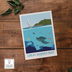 Great Barrier Reef vintage travel poster featuring a sailboat and marine life, perfect for home decor.